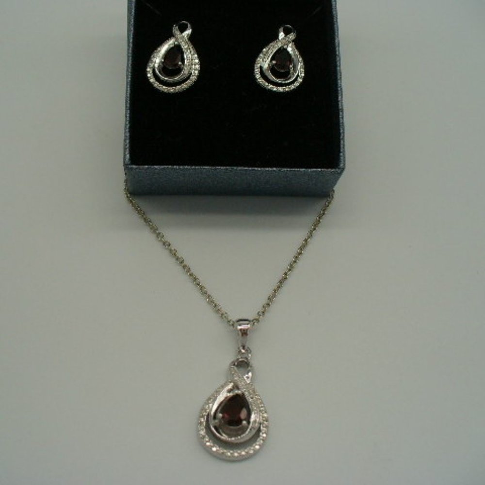 GARNET & SILVER POST EARRINGS AND NECKLACE SET